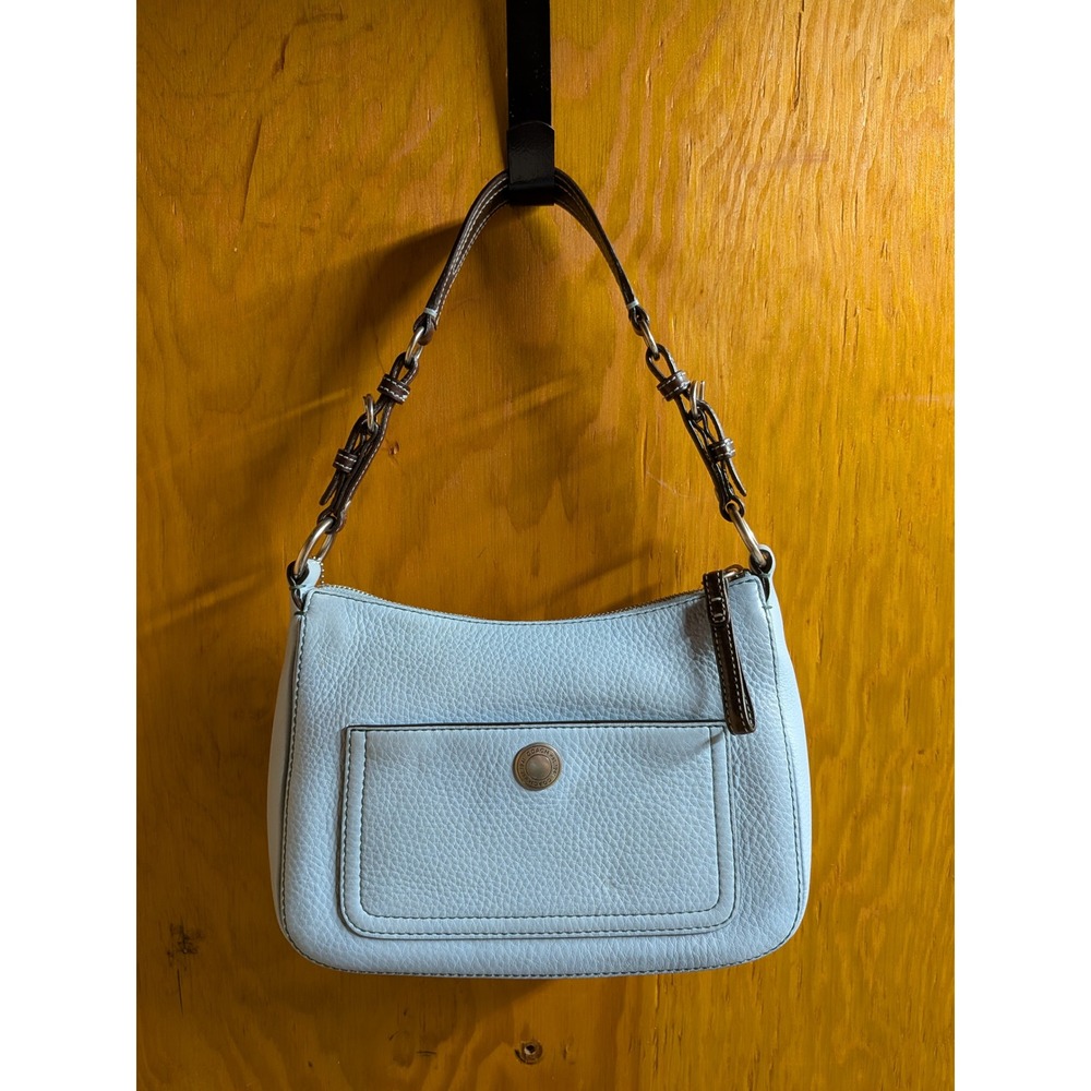 Coach Chelsea Light Blue Pebbled Leather Shoulder Bag Brown Trim Silver Hardware